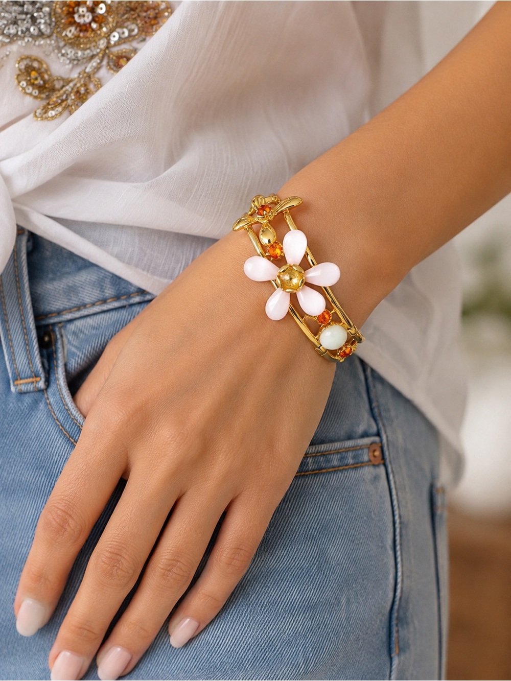 Catwalk Jon Gold-Tone pink Floral Bracelet with white and Orange Crystal flower